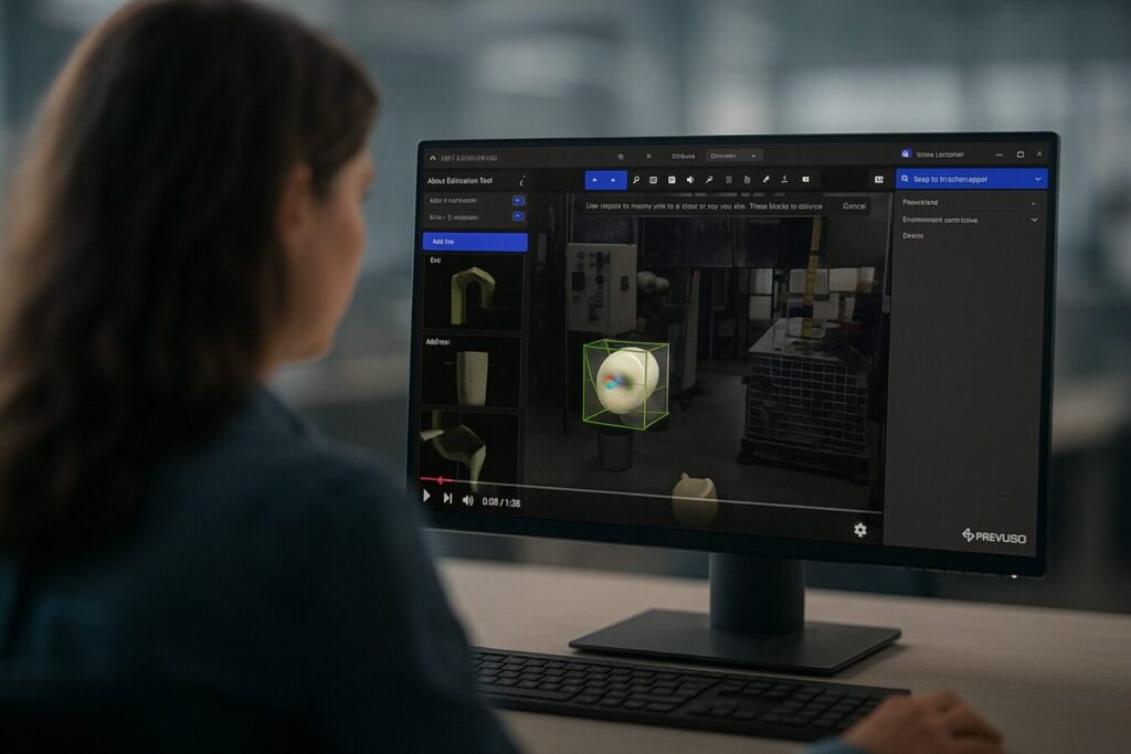 Realityplan User Working on 3d Asset Visualization | Prevu3d Woman Using Prevu3ds Realityplan Software on a Desktop Monitor to Visualize and Edit 3d Scanned Industrial Equipment Prevu3d