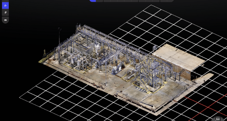 3D reality-captured model of an industrial plant with grid overlay, visualized using Prevu3D.