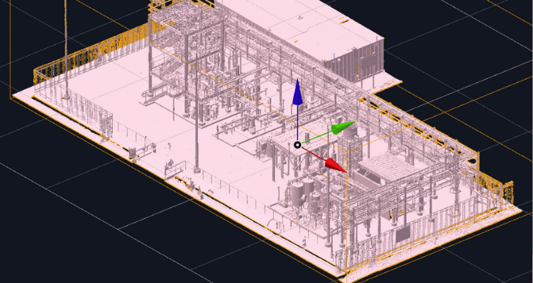 3D CAD model of an industrial facility with axis controls for digital layout manipulation.