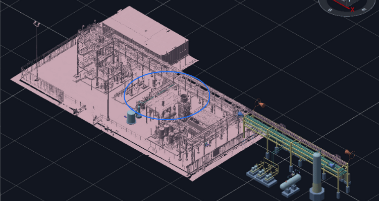 CAD-based 3D model of an industrial plant with highlighted components and grid background.