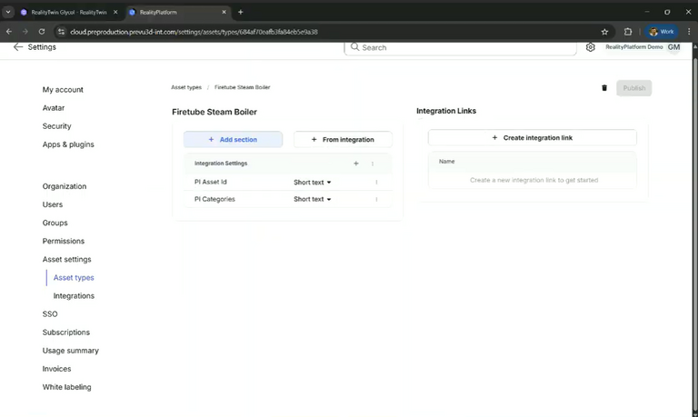 Screenshot of RealityPlatform settings showing Asset Type configuration for a Firetube Steam Boiler with integration fields and options