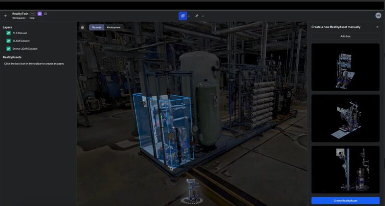 Screenshot of RealityTwin showing intuitive segmentation tools used to create a RealityAsset from a 3D scan of industrial equipment