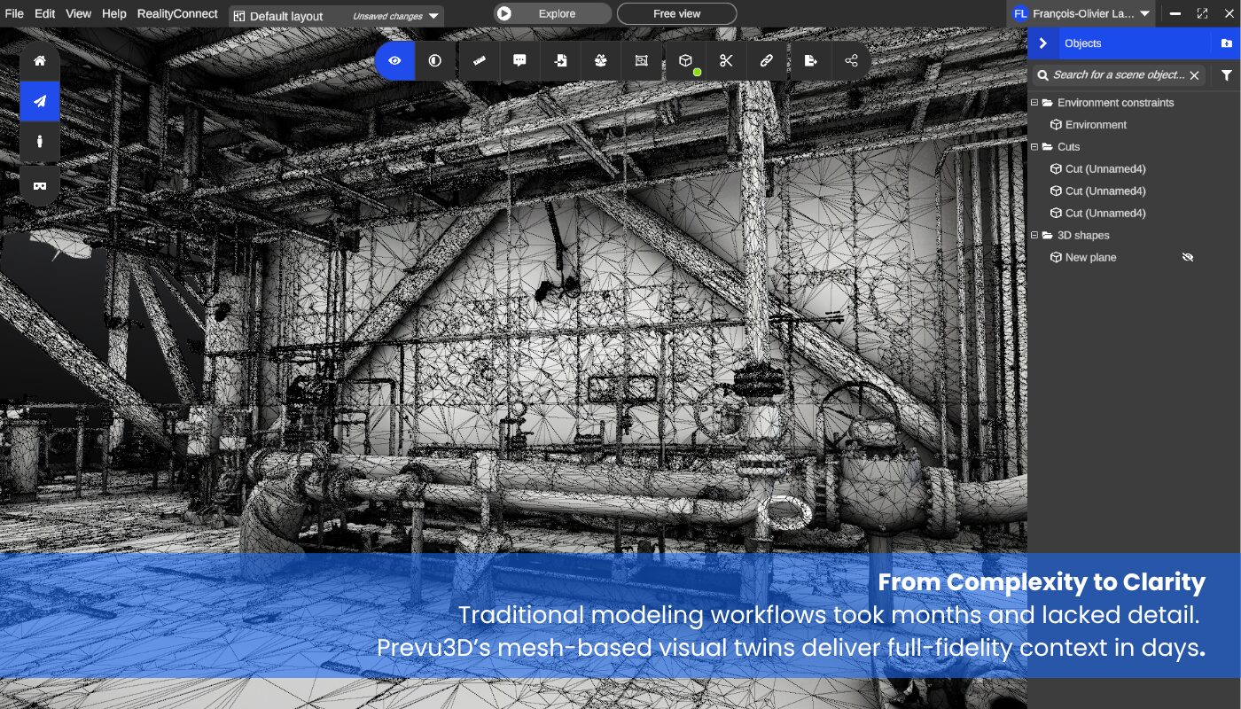 Wireframe mesh view of industrial piping in Prevu3D showing high-detail texture capture for digital twin modeling.