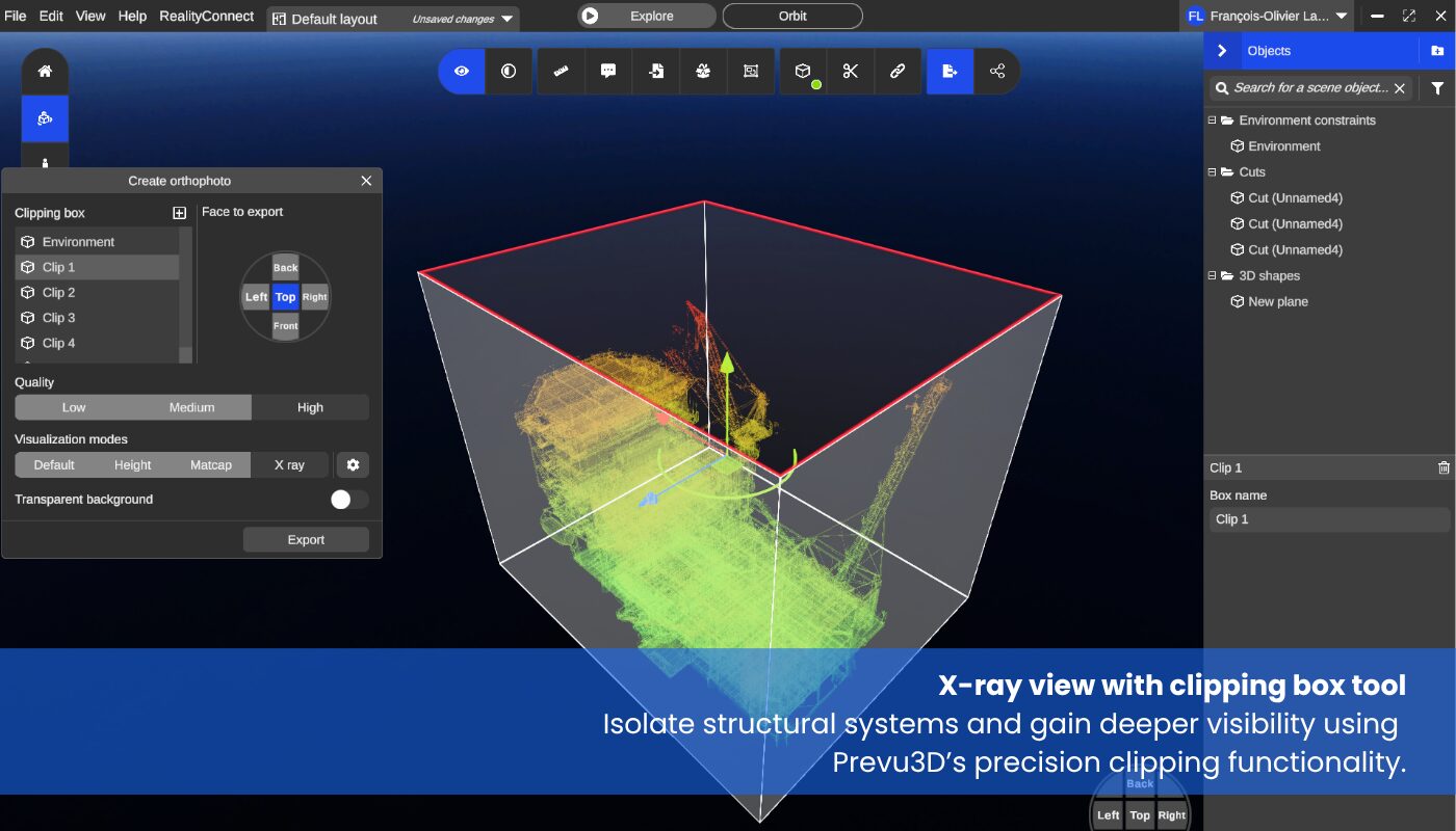Prevu3D interface showing a 3D model of an offshore platform with the X-ray clipping box tool active for structural isolation.