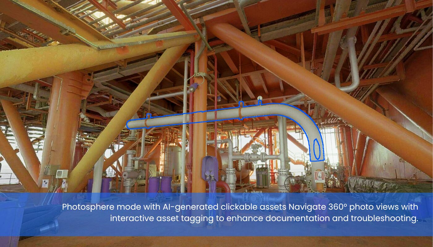 360-degree photosphere view of an offshore platform in Prevu3D with AI-generated clickable assets for visual documentation and tagging.
