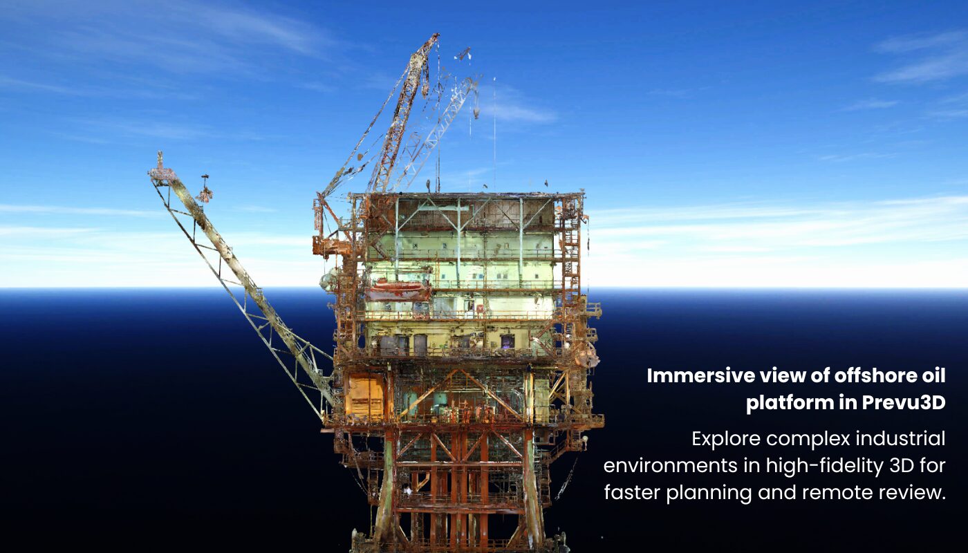 High-fidelity 3D mesh of an offshore oil platform captured in Prevu3D, displayed against a clear blue ocean horizon.