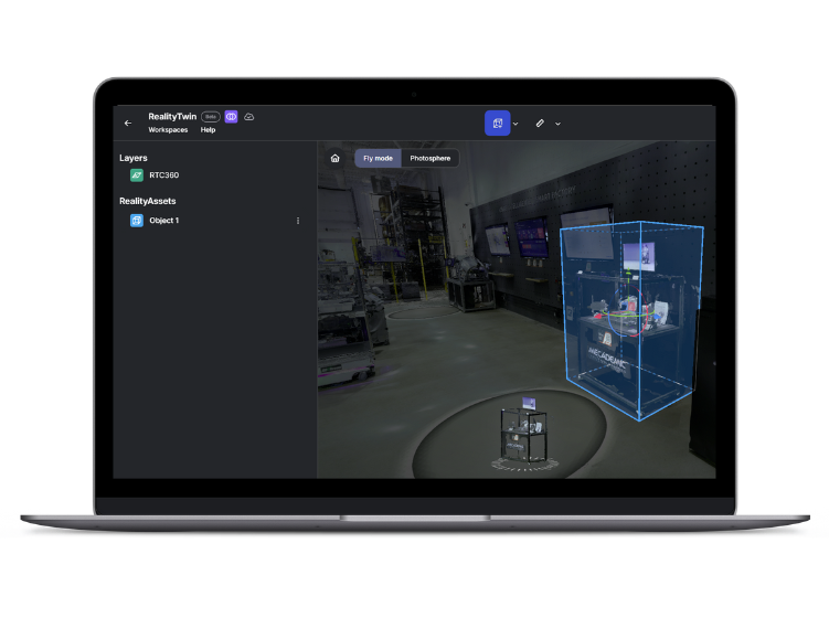 RealityTwin 3D viewer interface showing a scanned industrial facility with an asset digitally outlined in a visual twin workspace.