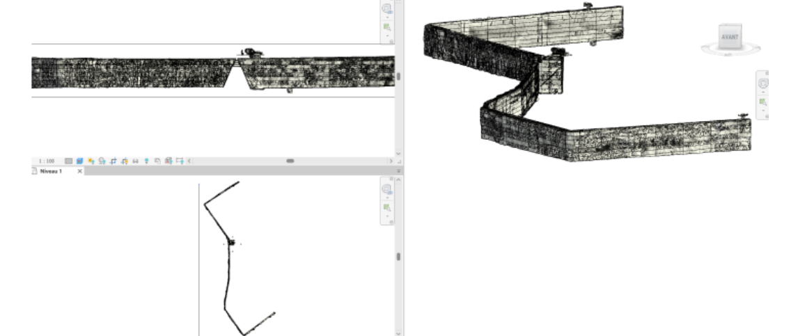 Three-panel Revit view of a meshed rock wall asset: top, side, and 3D perspective.
