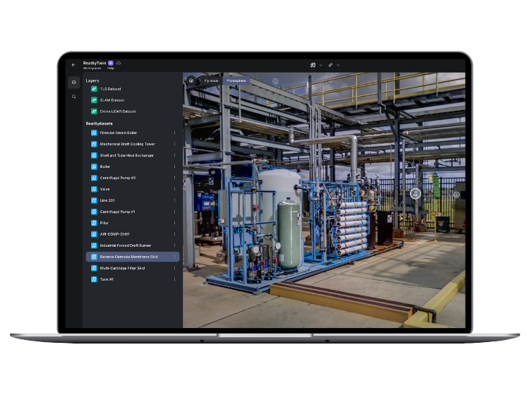 Interactive 3D digital twin of an industrial facility displayed in Prevu3D's RealityTwin platform on a laptop screen