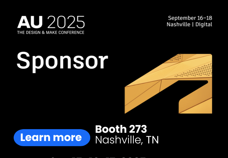 Autodesk University 2025 event tile with repeating AU 2025 logos on a black background.