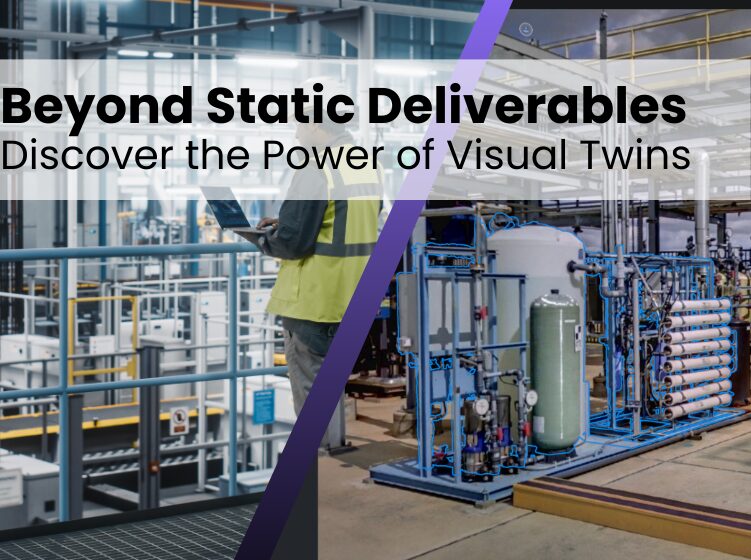Split-screen thumbnail showing an engineer in a facility alongside a RealityTwin™ visual twin of industrial equipment, with overlay text reading “Beyond Static Deliverables – Discover the Power of Visual Twins.”