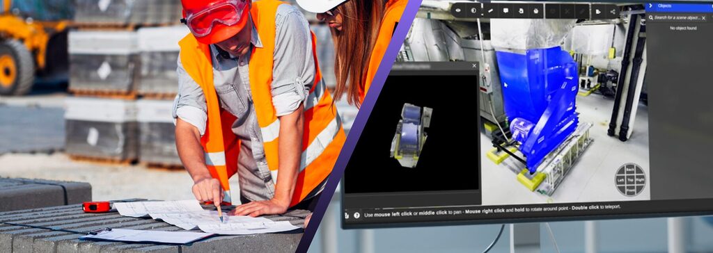 Deux ingénieurs en construction, équipés de tenues de sécurité, examinent des plans sur le chantier, tandis qu'un écran d'ordinateur affiche une simulation de séquençage 3D Prevu3D.