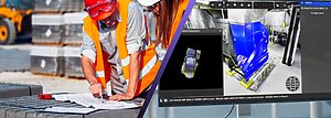 Deux ingénieurs en construction, équipés de tenues de sécurité, examinent des plans sur le chantier, tandis qu'un écran d'ordinateur affiche une simulation de séquençage 3D Prevu3D.