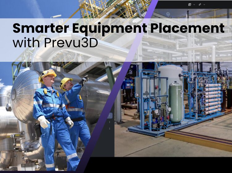 Split image showing engineers inspecting industrial equipment alongside a virtual model of machinery in Prevu3D.