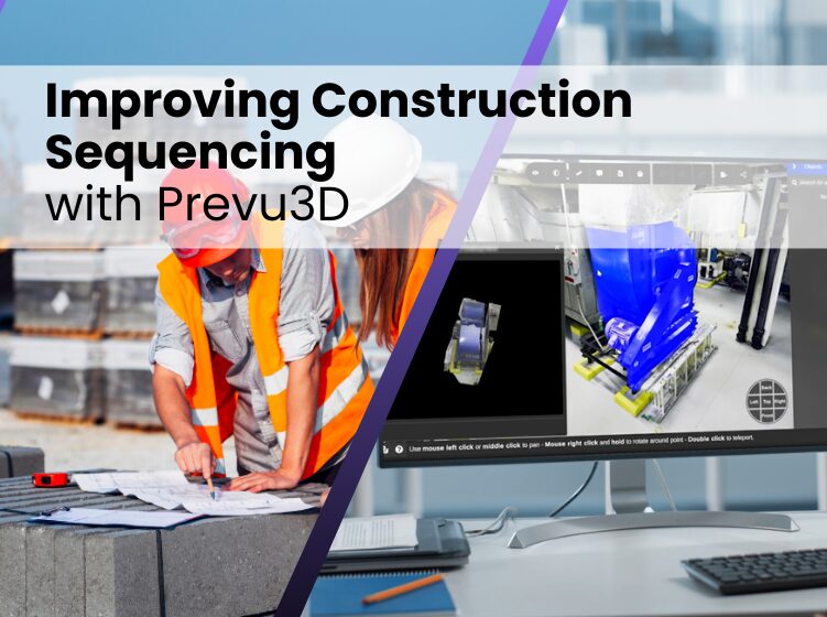 Split-screen showing engineers analyzing site plans and a Prevu3D 3D model visualizing heavy equipment placement.