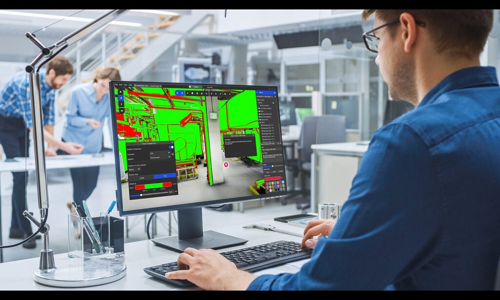 Doc 360 SEO images - Prevu3D Engineer using RealityPlan™ CAD compare tool on a desktop monitor to validate as-built conditions against design models in a 3D environment.