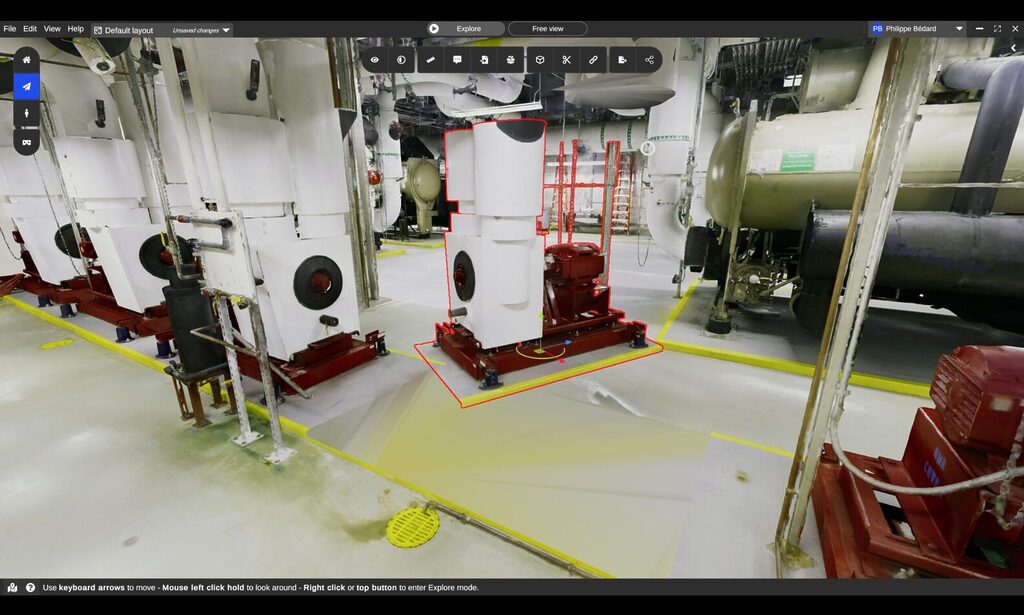 3D plant layout in Prevu3D showing virtual equipment placement and measurement tools inside an industrial facility.