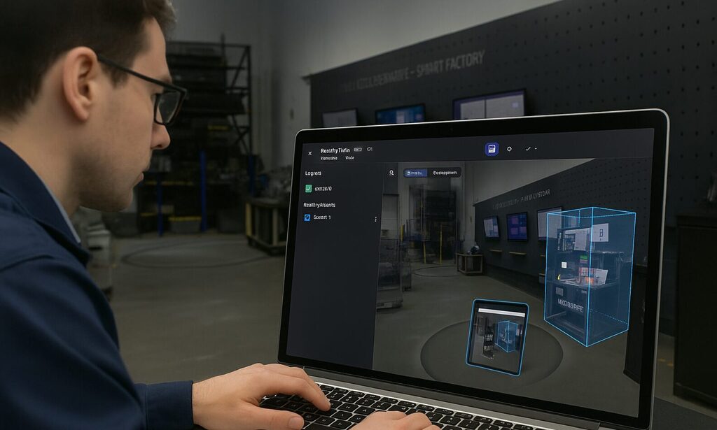 Engineer using Prevu3D RealityTwin software to segment and visualize equipment assets in a 3D digital twin environment.