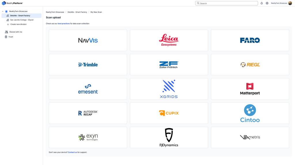 RealityPlatform_devices - Prevu3D RealityPlatform scan upload interface showing supported reality capture devices and software including NavVis, Leica, FARO, Trimble, Z+F, RIEGL, Emesent, Matterport, Autodesk Recap, and more.