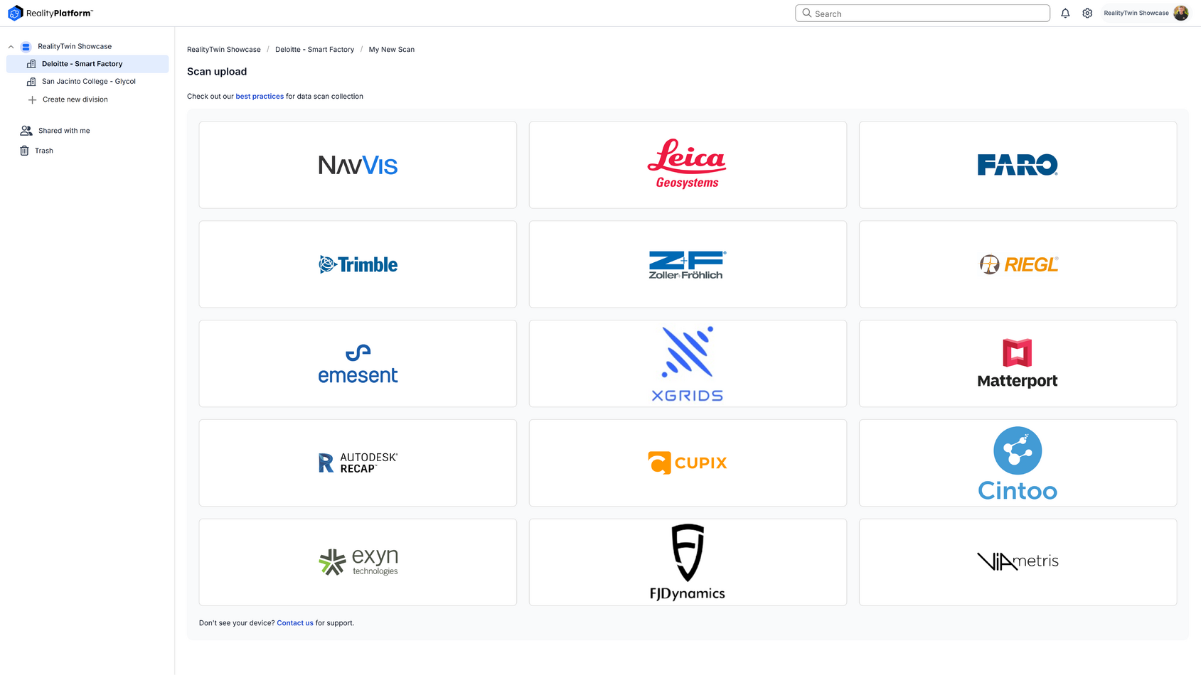 RealityPlatform™ – Supported Reality Capture Devices - Prevu3D RealityPlatform scan upload interface showing supported reality capture devices and software including NavVis, Leica, FARO, Trimble, Z+F, RIEGL, Emesent, Matterport, Autodesk Recap, and more.