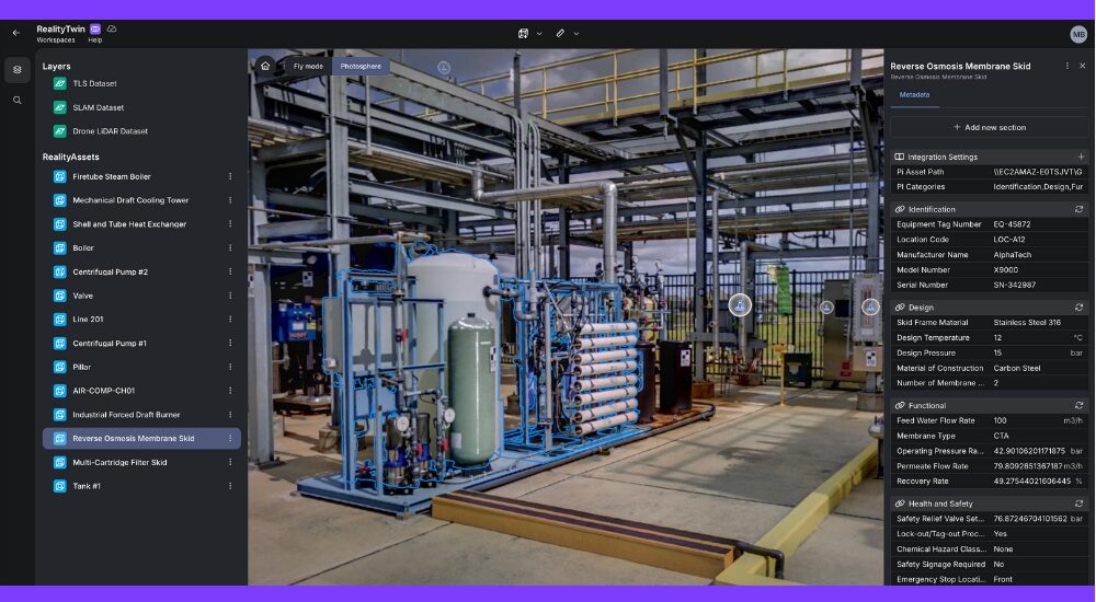 RealityTwin™ interface displaying an industrial facility with layered datasets and asset metadata, including detailed information for a reverse osmosis membrane skid.