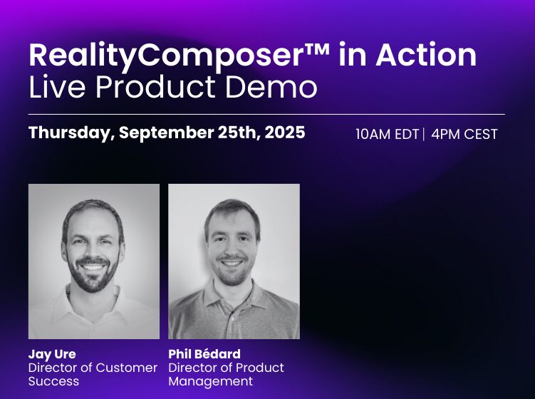 Promotional banner for Prevu3D’s RealityComposer™ in Action live product demo, scheduled for Thursday, September 25th, 2025 at 10 AM EDT | 4 PM CEST, featuring Jay Ure (Director of Customer Success) and Phil Bédard (Director of Product Management).