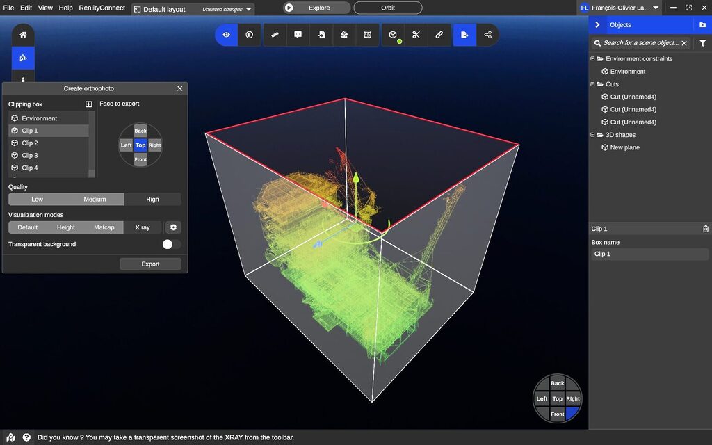 3D point cloud of offshore platform with cranes, visualized in Prevu3D with green color mapping.