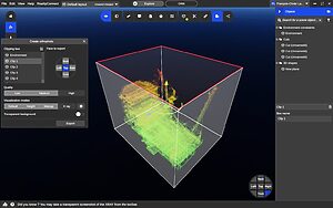 3D point cloud of offshore platform with cranes, visualized in Prevu3D with green color mapping.