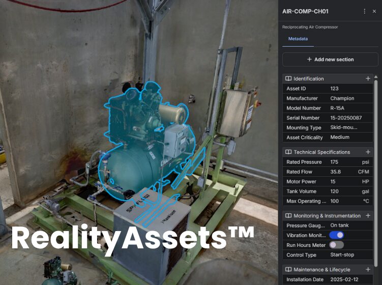 Screenshot of a 3D environment in Prevu3D showing a highlighted air compressor with attached metadata fields for identification, specifications, and maintenance, illustrating RealityAssets™ in action.