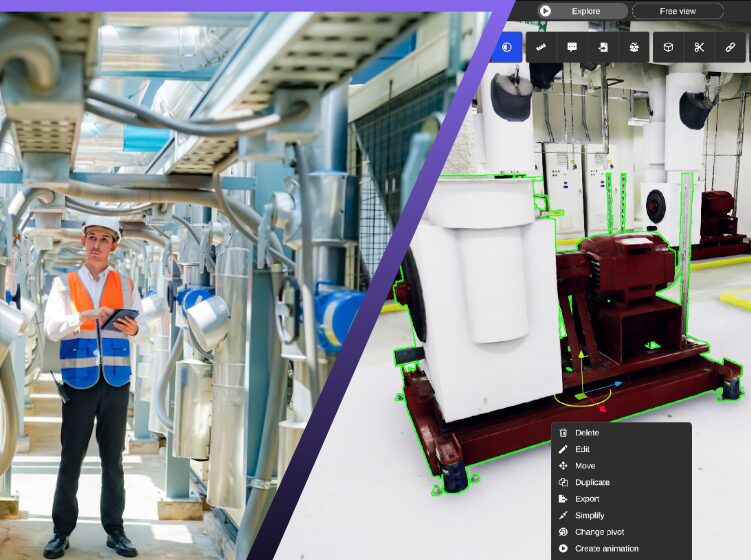 Engineer with safety vest and tablet beside a 3D simulation of equipment in Prevu3D.