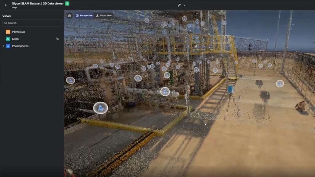 A 3D point cloud of an industrial facility displayed in the Prevu3D viewer, with multiple photosphere markers positioned throughout the structure.