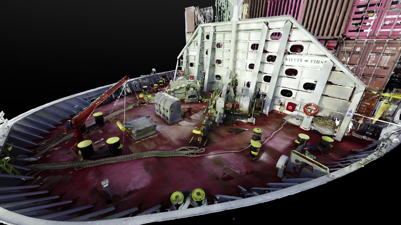 3D point cloud of the MV Chattanooga foredeck showing winches, bollards, and mooring equipment.