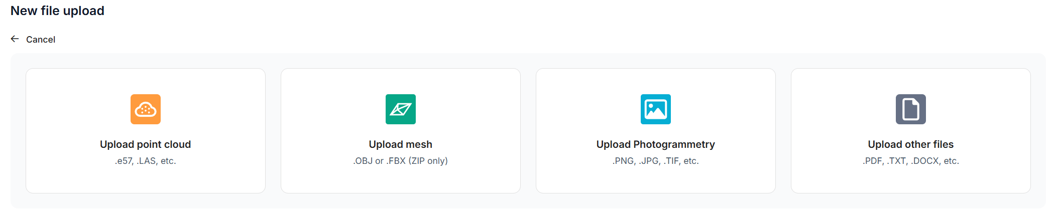 New file upload screen in Prevu3D showing options for uploading point clouds, meshes, photogrammetry, and other files.