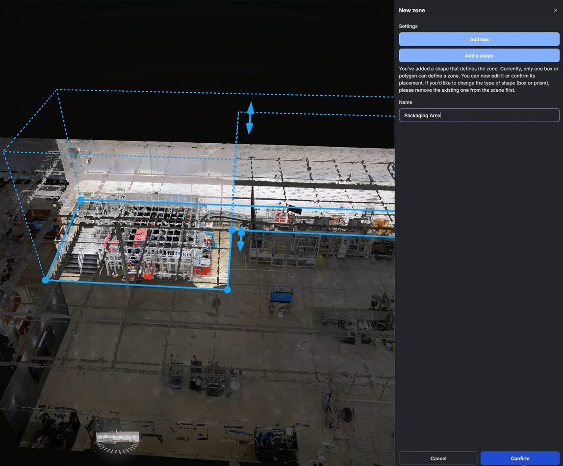 3D view of an industrial facility in Prevu3D with a blue box zone being created and labeled “Packaging Area,” alongside the zone settings panel.
