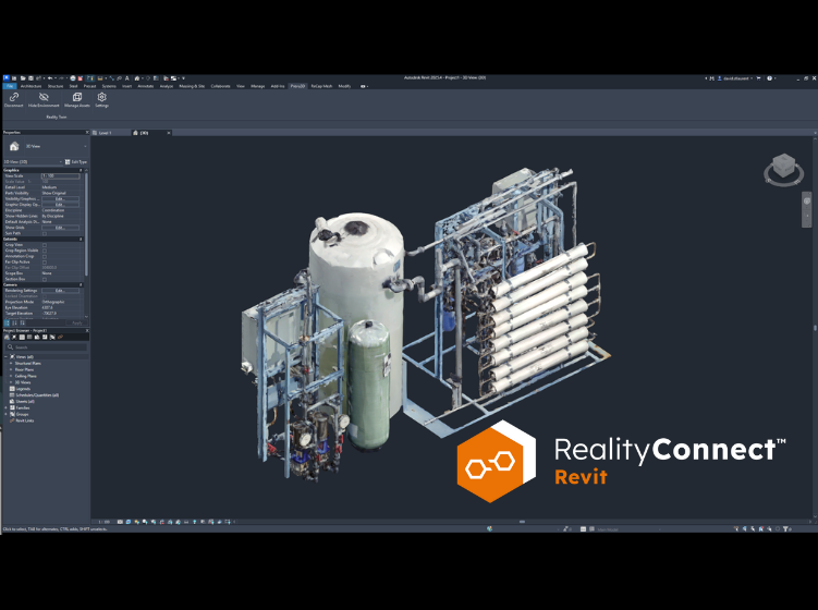 RealityConnect for Revit streaming a high-fidelity equipment skid from RealityTwin directly into the Revit workspace