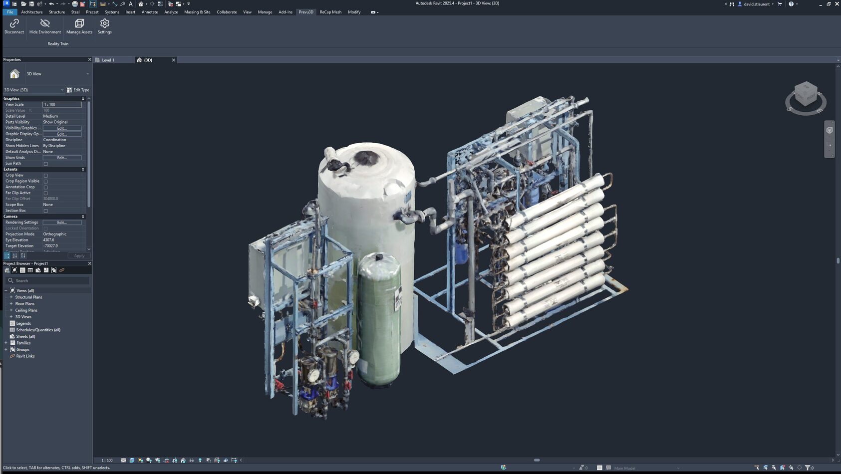 A high-fidelity equipment skid streamed from RealityTwin into Revit using RealityConnect for Revit, ready to convert into a Revit family in just a few clicks.
