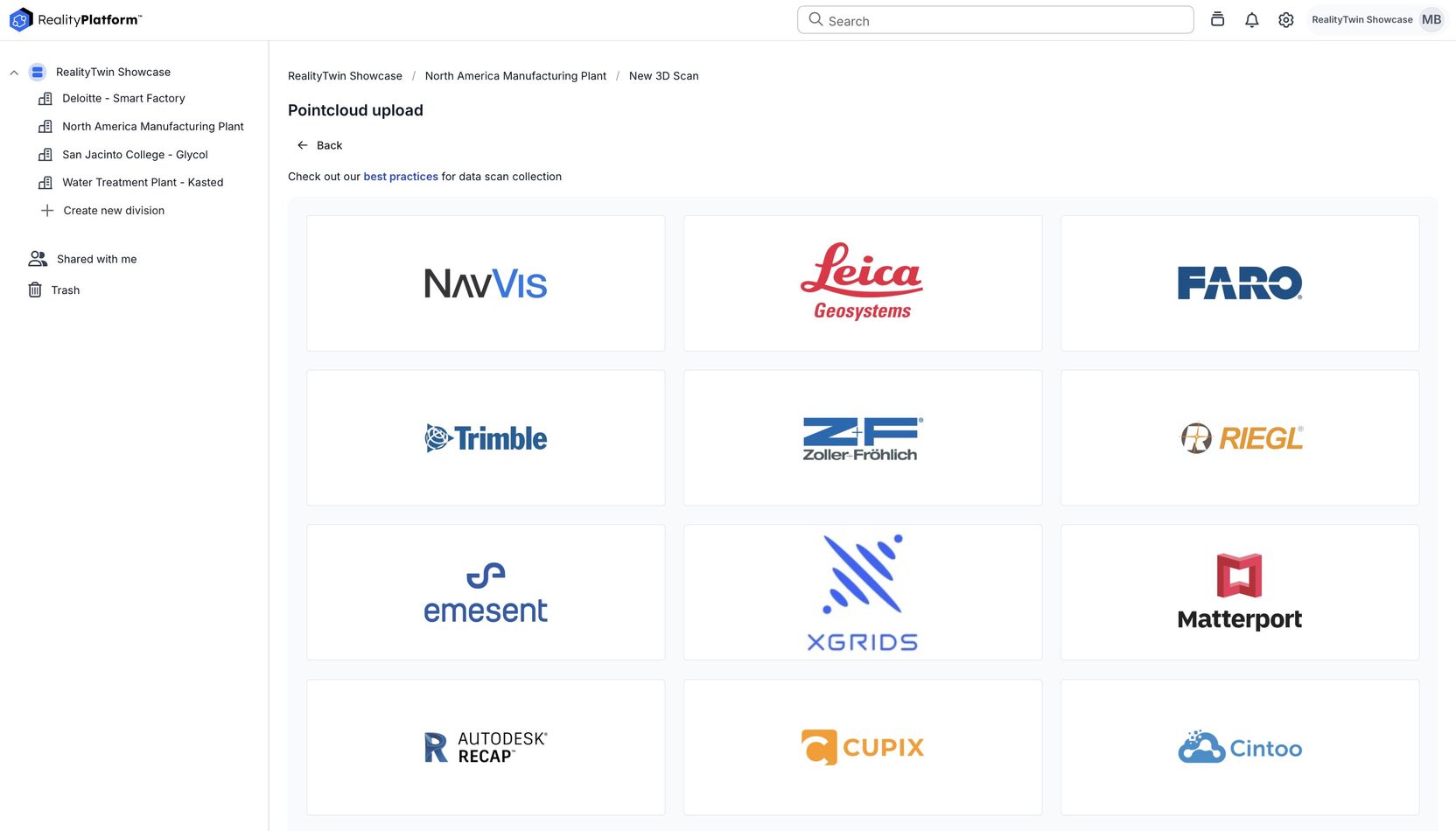 RealityPlatform™ interface showing supported point cloud upload sources, including NavVis, Leica Geosystems, FARO, Trimble, Zoller+Fröhlich, RIEGL, Emesent, XGRIDS, Matterport, Autodesk Recap®, Cupix, and Cintoo.