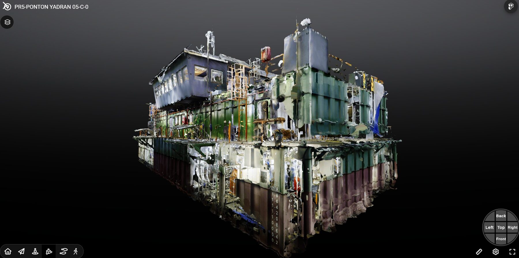 3D digital reconstruction of a floating industrial platform with visible equipment, tanks, and structural details on a neutral background