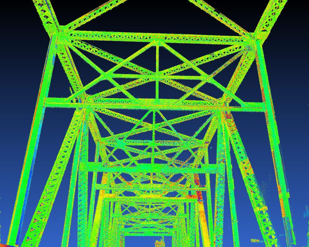Intensity-colored LiDAR point cloud of BlueBridge steel truss structure captured by WSP during FDOT asset inventory survey