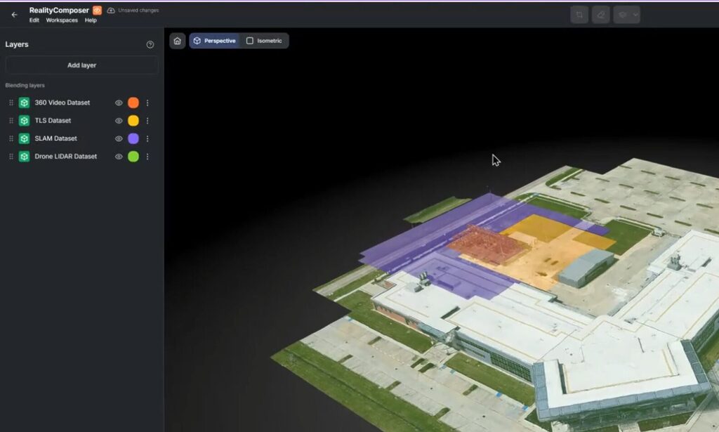 Multiple Source Data Set | Prevu3d Screenshot of a 3d Site Model in a Mapping App with Layered Datasets Visible on the Left 360 Video Tls Slam Drone Lidar and Colored Overlays on the Building Site Prevu3d