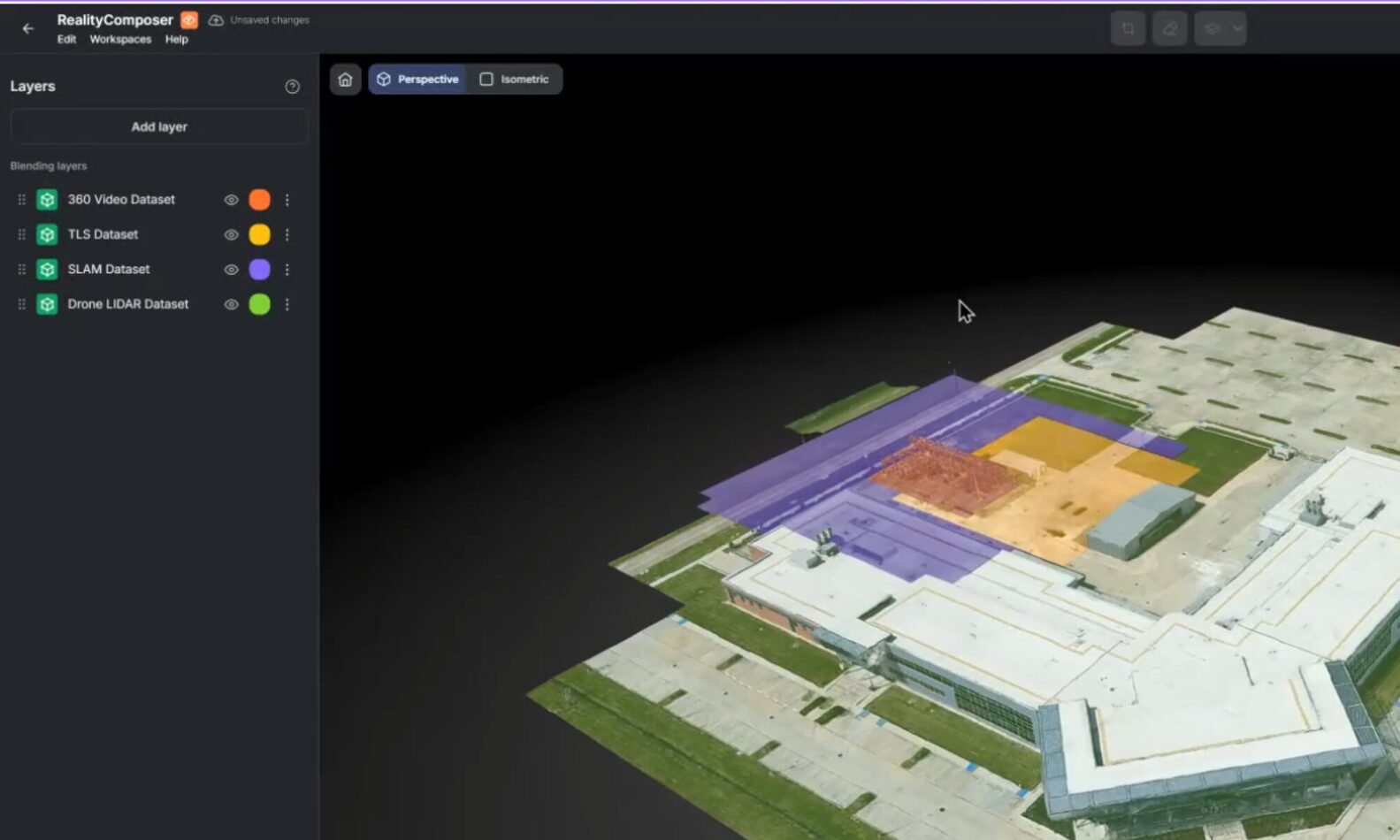 multiple source data set | prevu3d Screenshot of a 3D site model in a mapping app with layered datasets visible on the left (360 Video, TLS, SLAM, Drone LIDAR) and colored overlays on the building site.