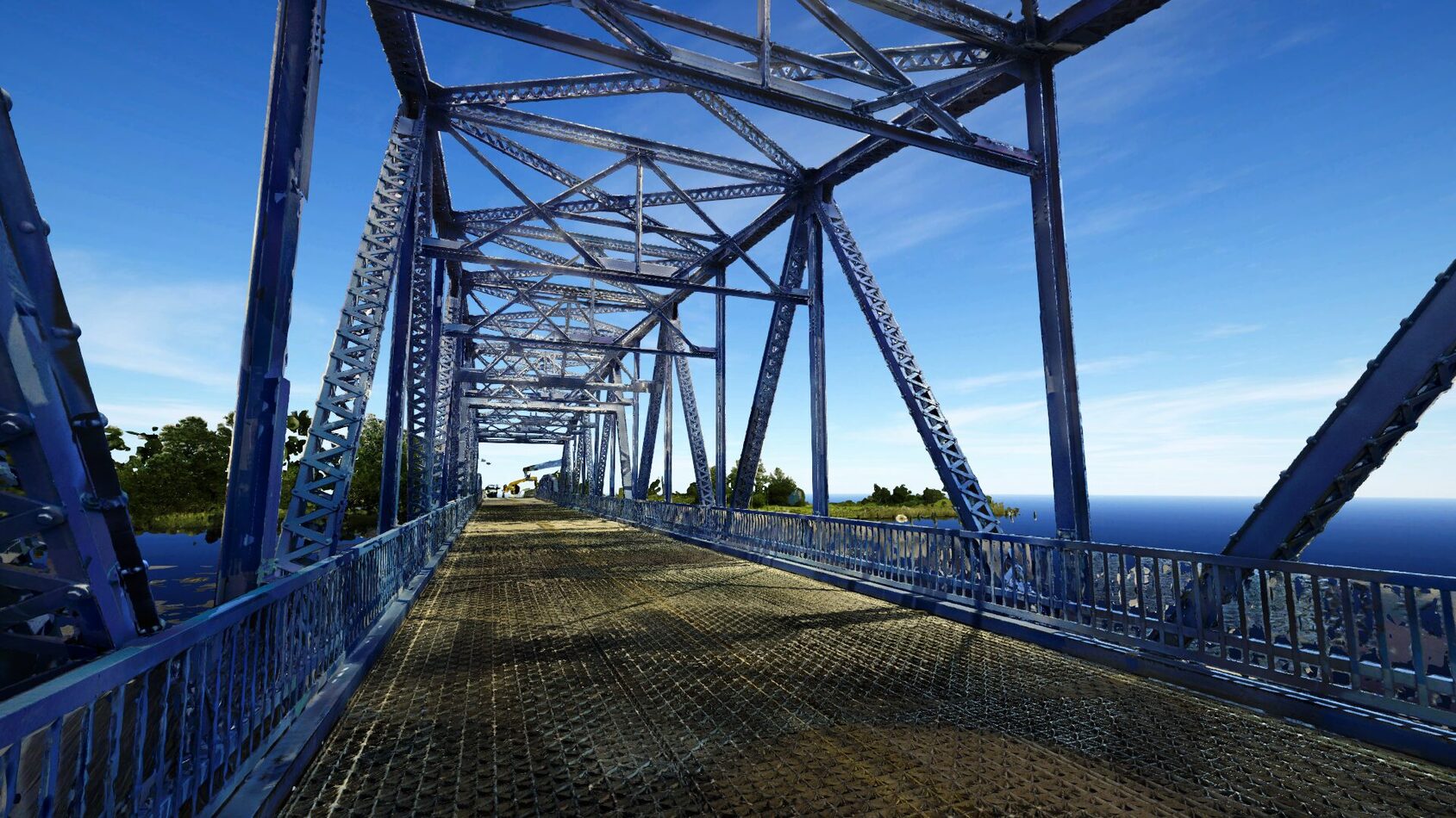 Prevu3D point cloud visualization of BlueBridge deck and steel truss corridor with waterway visible, WSP FDOT asset inventory
