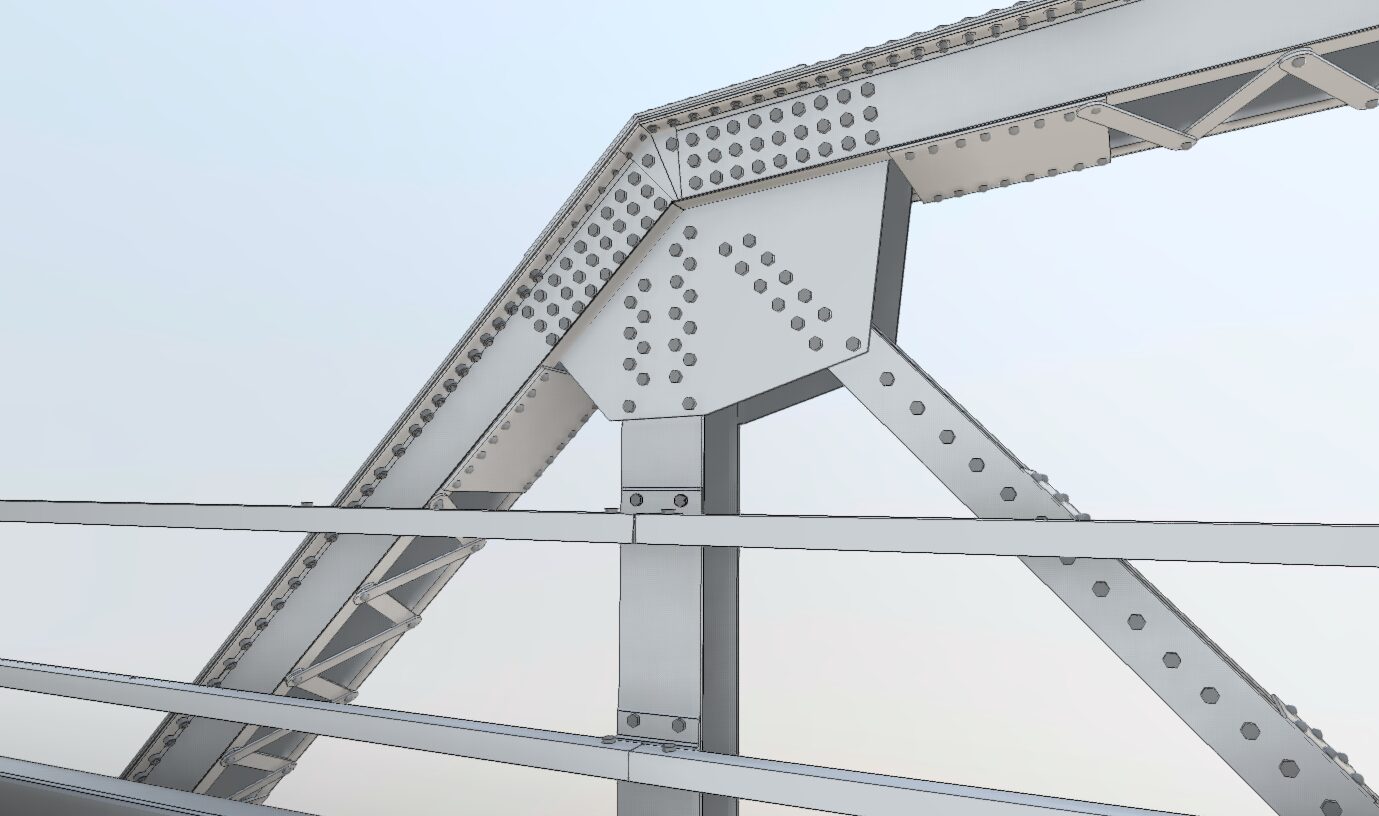 Revit model close-up of Blue Bridge bolted gusset plate connection, modeled by WSP from Prevu3D reality capture data for FDOT
