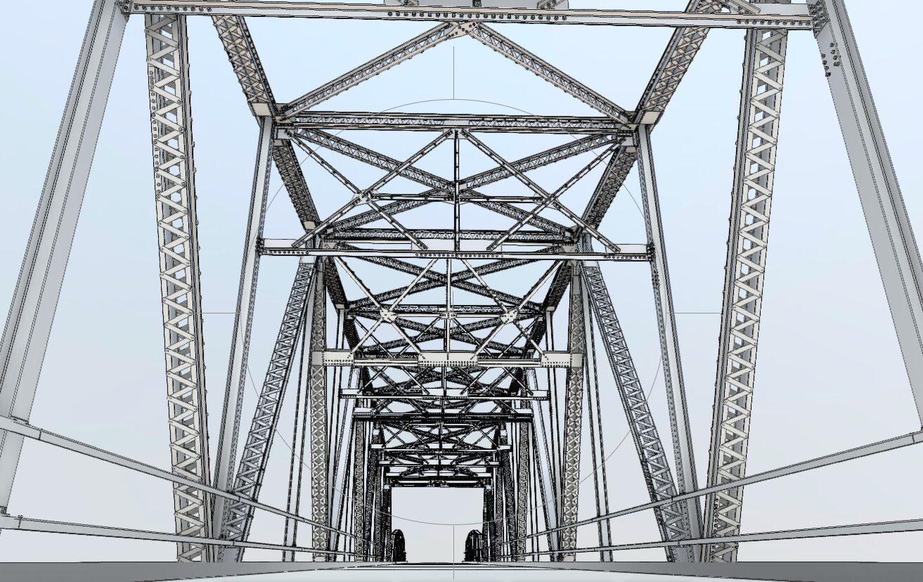 Revit wireframe model of Blue Bridge steel truss structure produced by WSP from Prevu3D reality capture data for FDOT asset inventory