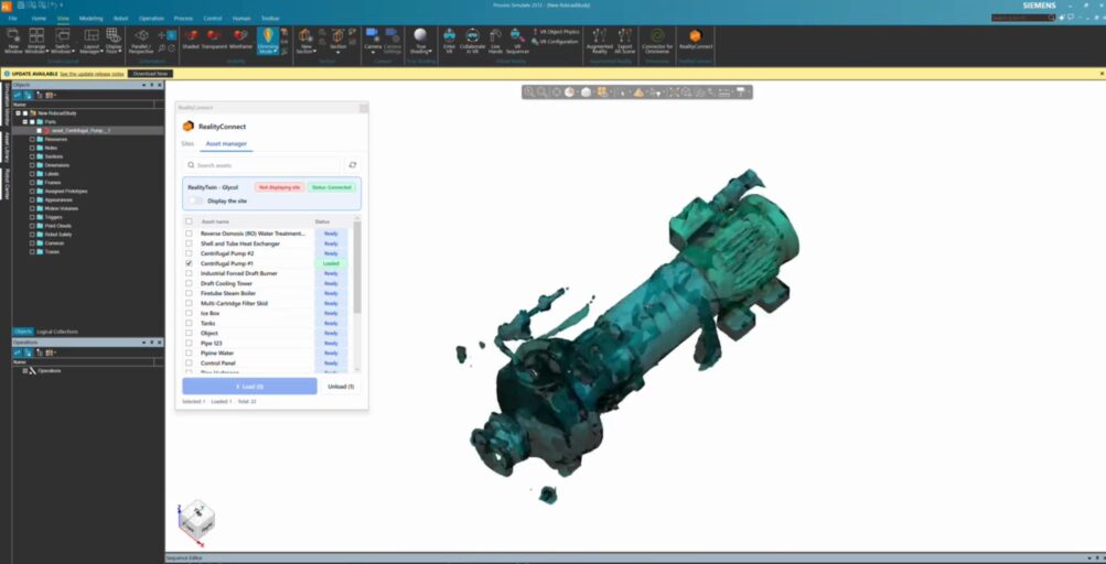 siemens tecnomatix process simulate plugin | prevu3d RealityConnect plugin panel open inside Siemens Tecnomatix Process Simulate, showing a centrifugal pump loaded as a 3D mesh asset from the as-built environment