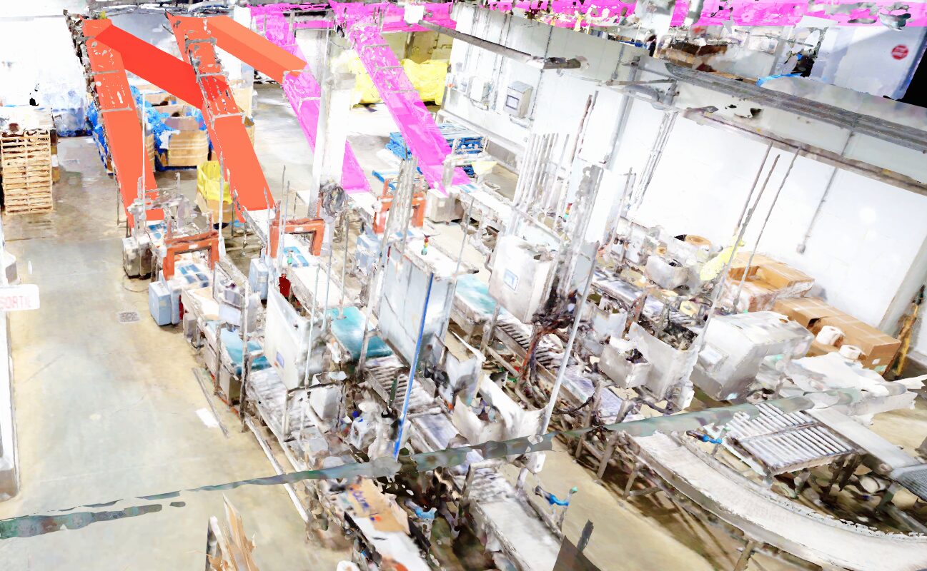 Perspective en surplomb : plusieurs trajets de convoyeurs proposés visualisés sur l’ensemble de l’aire de production