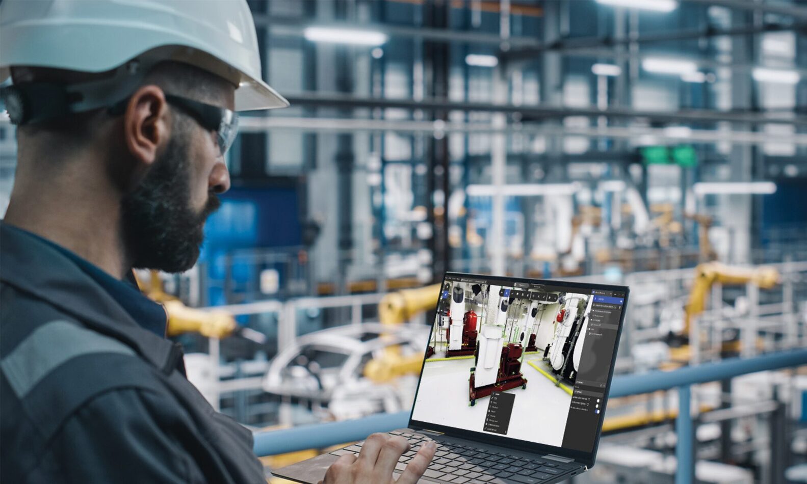 project manager or engineer reviewing a navigable 3d environment on screen | prevu3d Maintenance worker in a hard hat and safety glasses uses a laptop to view industrial equipment in a factory setting.
