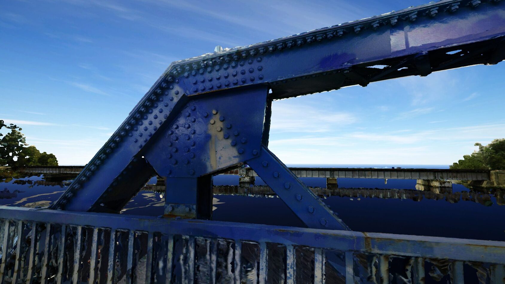 Close-up Prevu3D point cloud view of bolted gusset plate and steel truss connection on Blue Bridge, WSP FDOT asset inventory