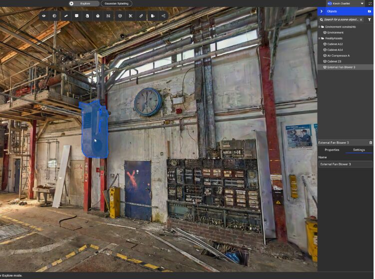 Industrial Workshop Interior with Exposed Pipes a Blue Hanging Hoist and a Wall Clock Above a Workbench Area Prevu3d