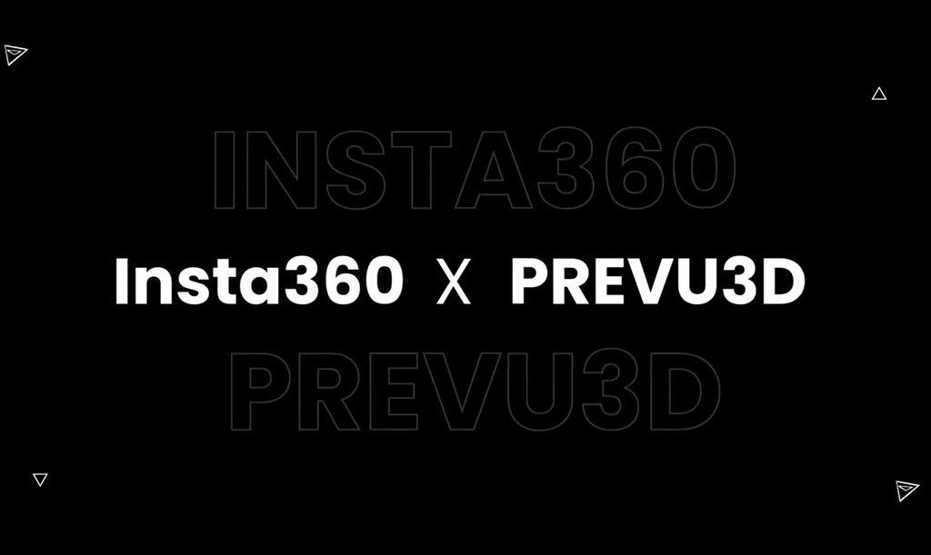 insta360 plugin digital twin 3d platform | prevu3d Black background with bold white text: 'Insta360 X PREVU3D', faint 'INSTA360' watermark in the center, and small white triangle icons in the corners.